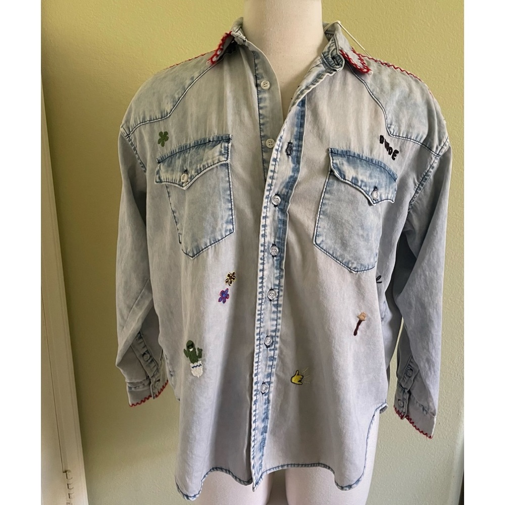 NWT NSF Suz Embroidered Chambray Long Sleeve Button Down Denim Shirt in Formosa​
